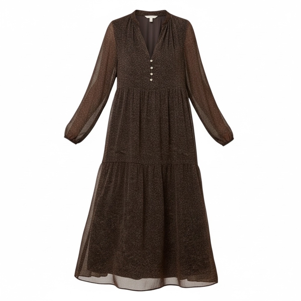 LOFT Black Maxi Dress with Sheer Sleeves & Button Front – Size M